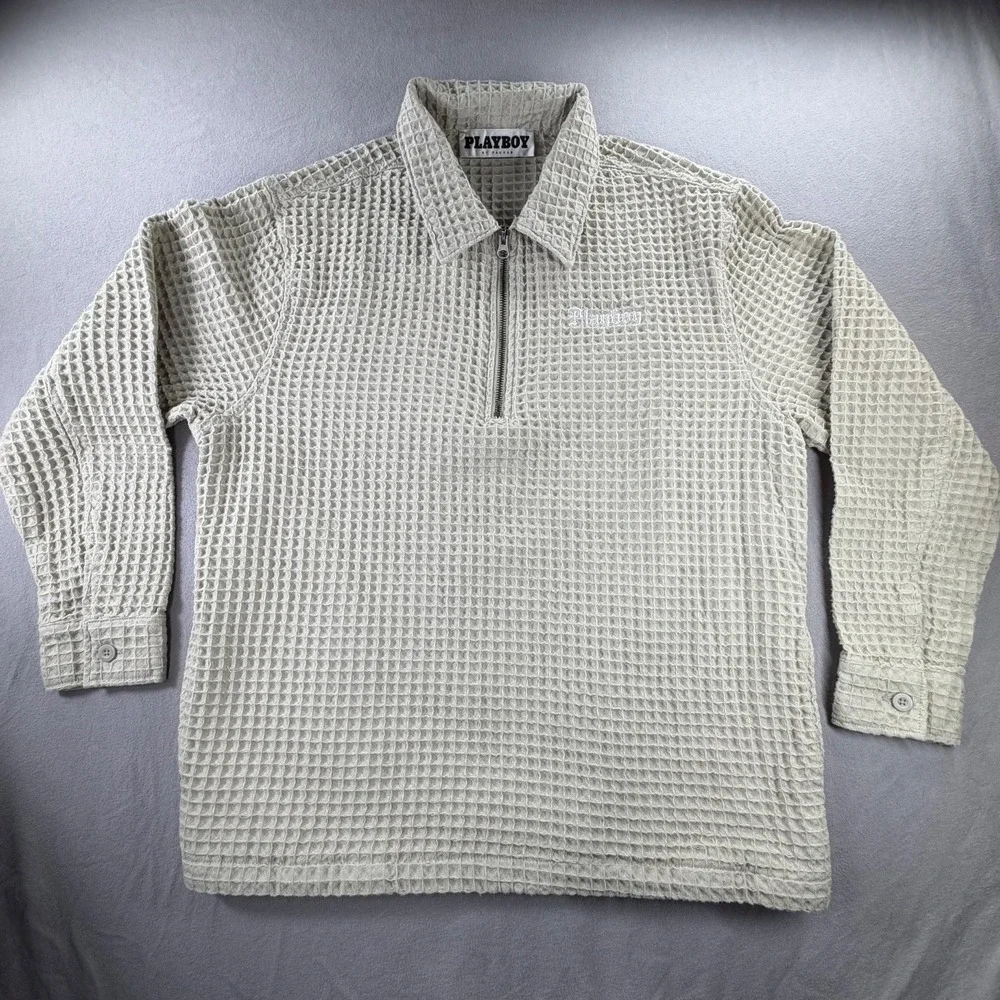 Playboy PacSun Pullover Mens M Waffle Knit 1/4 Zip‎ Logo Beige